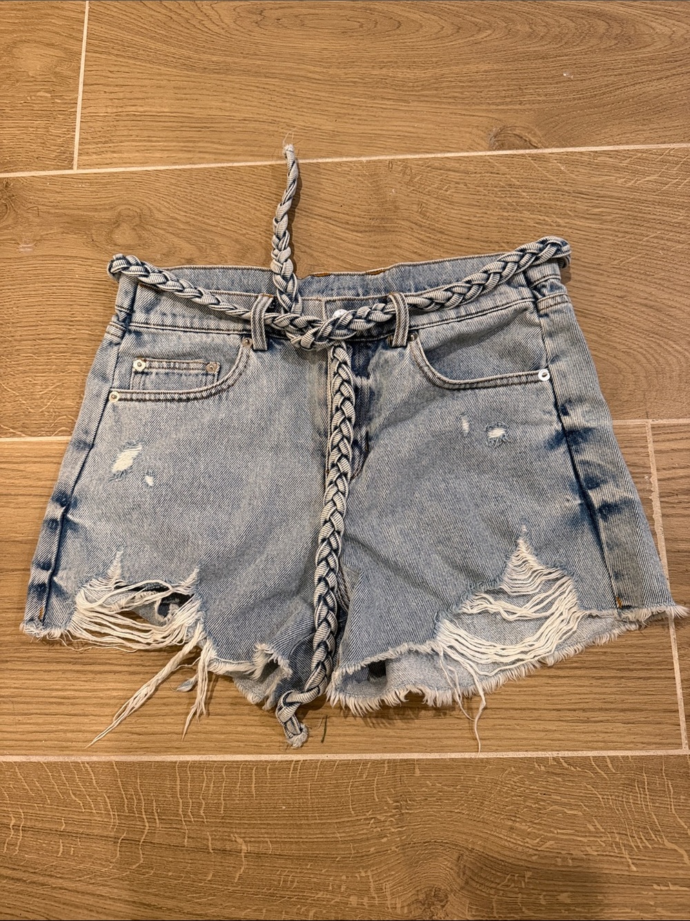 Light Wash Distressed Denim Jean Shorts with Braided Belt
